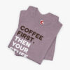 Folded view of a Coffee First t-shirt in Heather Purple