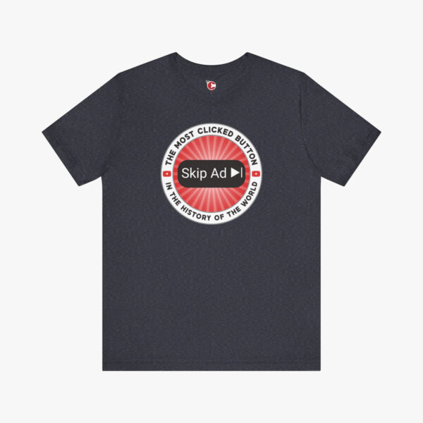 Front view of a Skip Ad Button t-shirt in Heather Navy