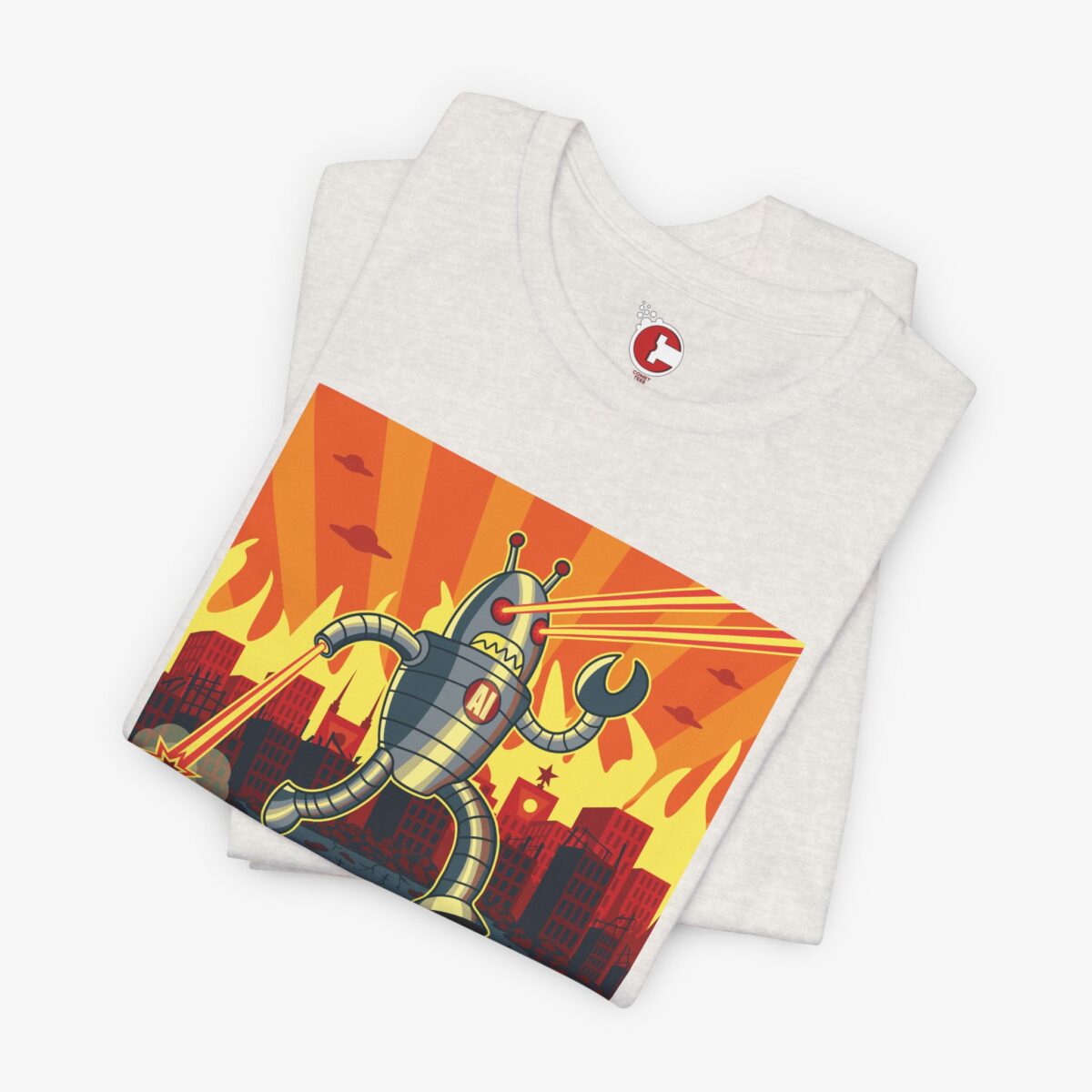 Folded view of a AI Versus Humanity t-shirt in Heather Cement