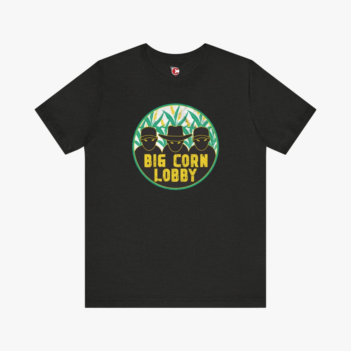 Front view of a Big Corn Lobby t-shirt in Black Heather