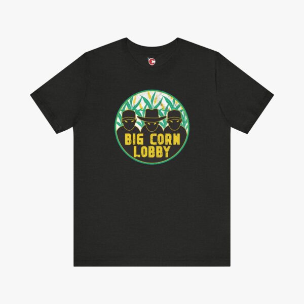 Front view of a Big Corn Lobby t-shirt in Black Heather