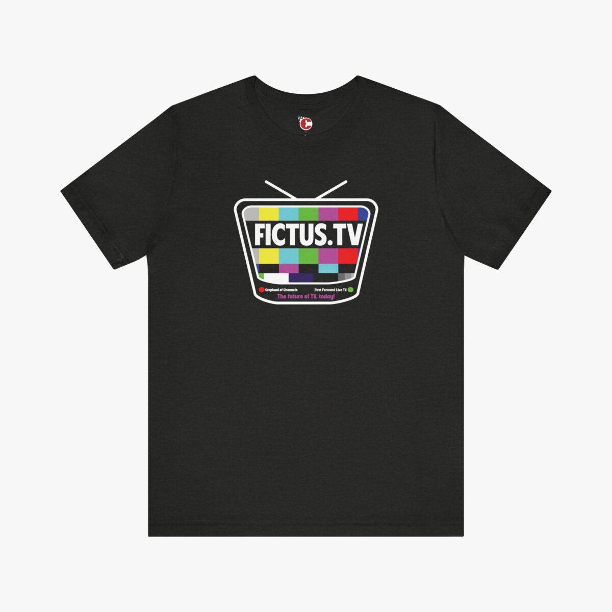 Front view of a Fictus TV t-shirt in Heather Black