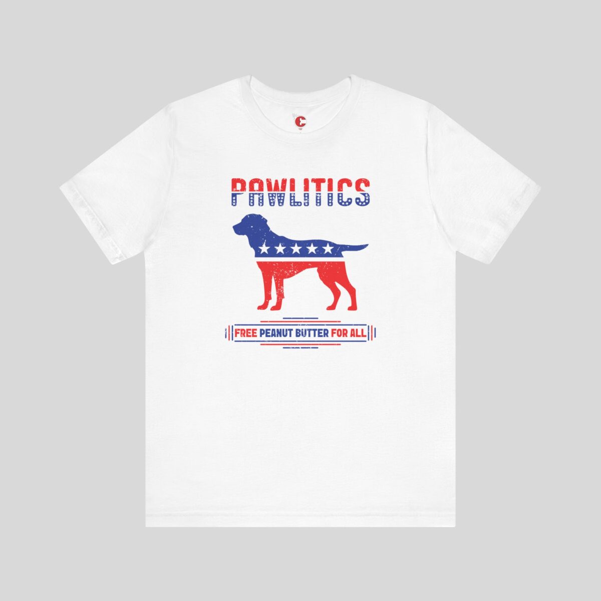 Front view of a Pawlitics t-shirt in White