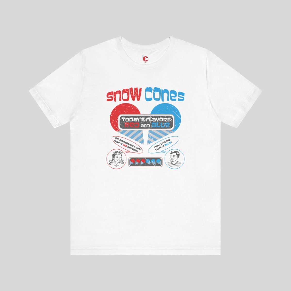 Front view of a Snow Cones t-shirt in White