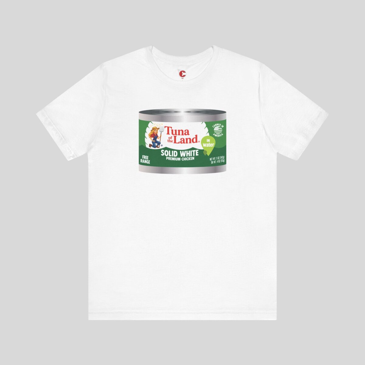 Front view of a Tuna Of The Land t-shirt in White