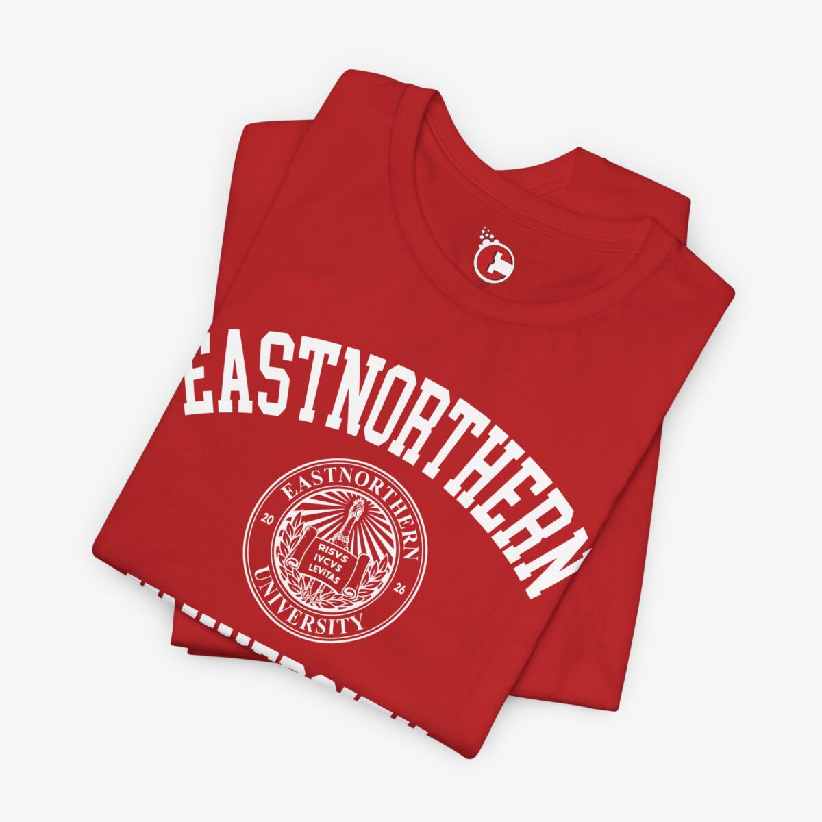 Folded view of a Eastnorthern University t-shirt in Red