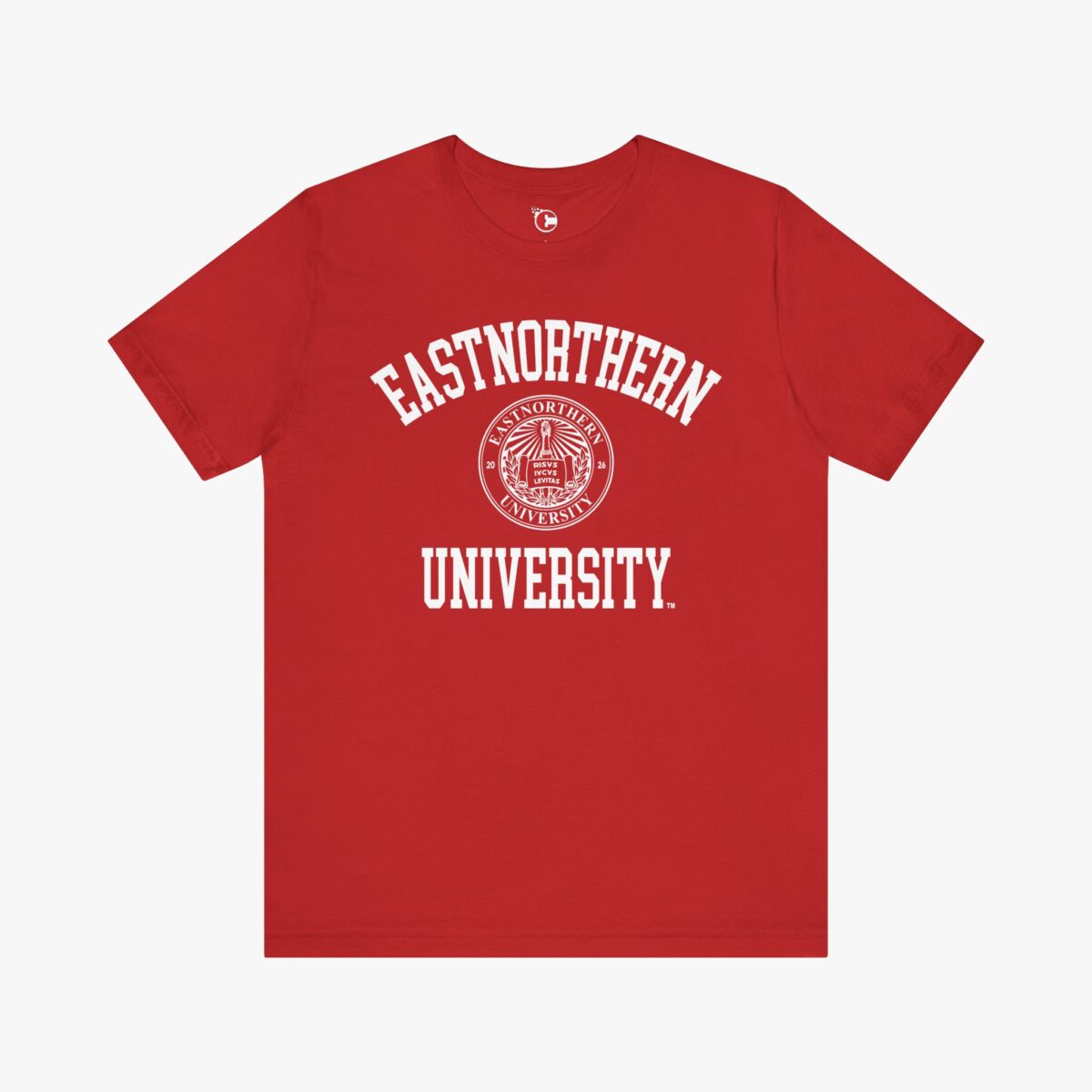 Front view of a Eastnorthern University t-shirt in Red