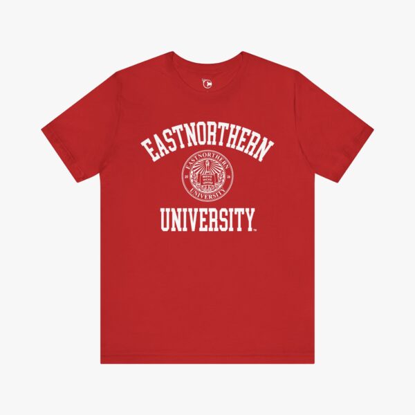 Front view of a Eastnorthern University t-shirt in Red
