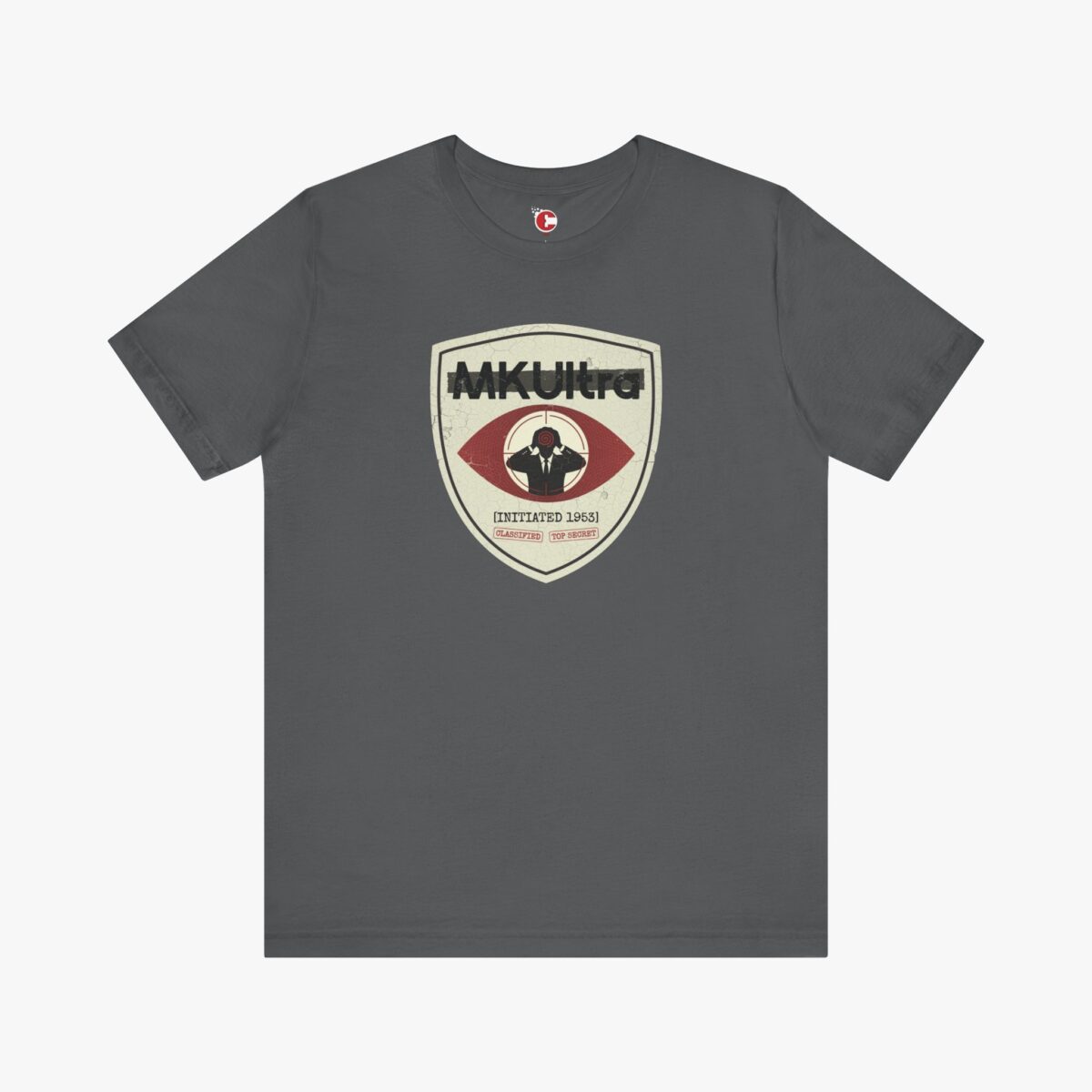 Front view of a MKUltra Phase III t-shirt in Asphalt