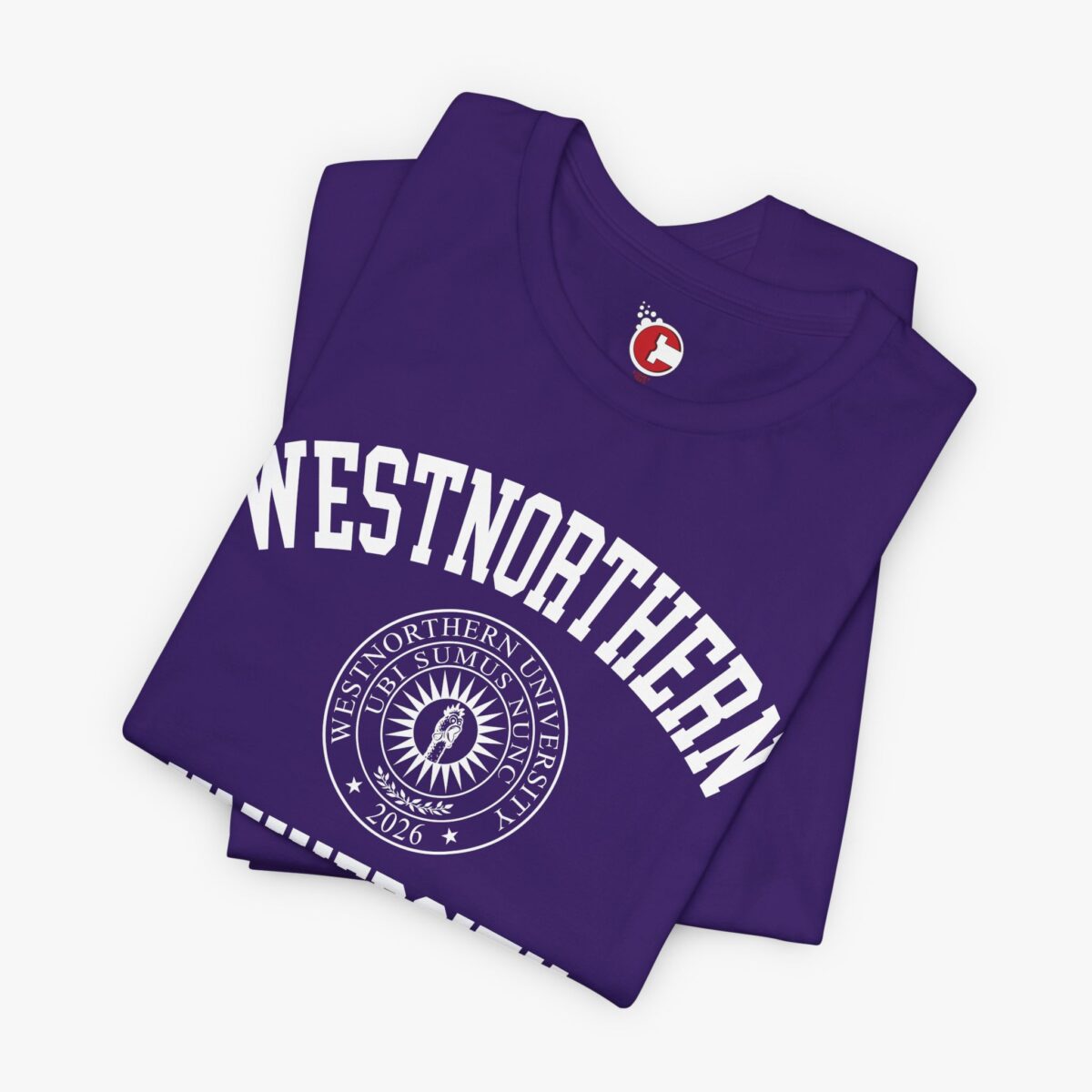 Folded view of a Westnorthern University t-shirt in Team Purple