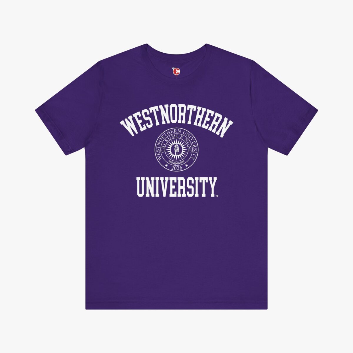 Front view of a Westnorthern University t-shirt in Team Purple
