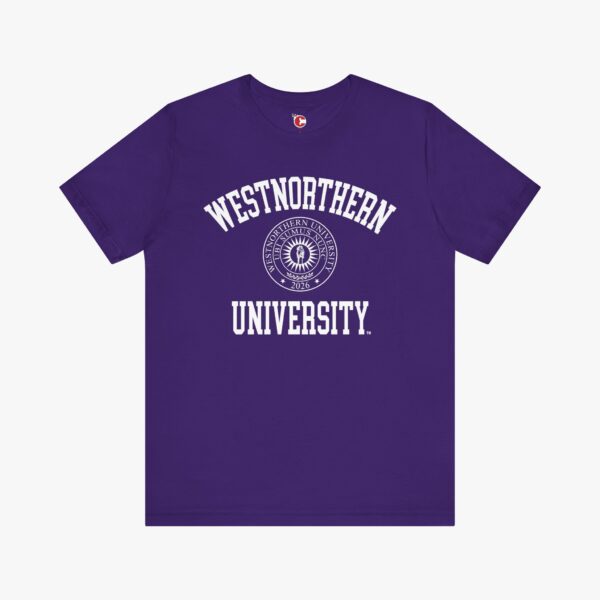 Front view of a Westnorthern University t-shirt in Team Purple