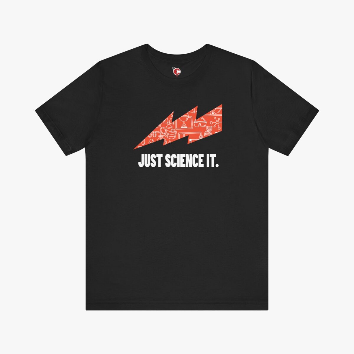 Front view of a Just Science It t-shirt in Black